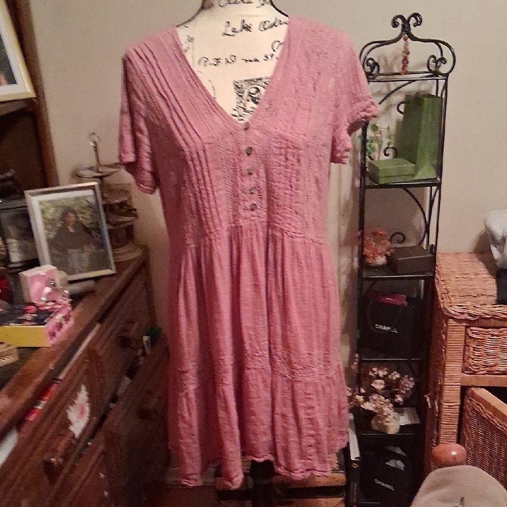 Lucky Brand Pink V-Neck Buttoned Women's Mini Dress Size Medium